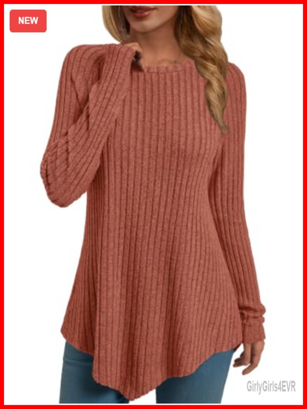 Women's Long Sleeve Ribbed Knit Tunic Top Asymmetrical Hem